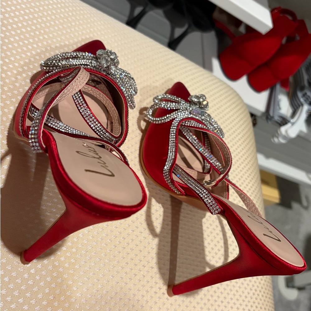 Lulu's Red Satin Heels with Sparkling Straps